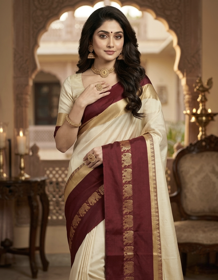 Beige & Maroon Gadwal Saree with Royal Elephant Border